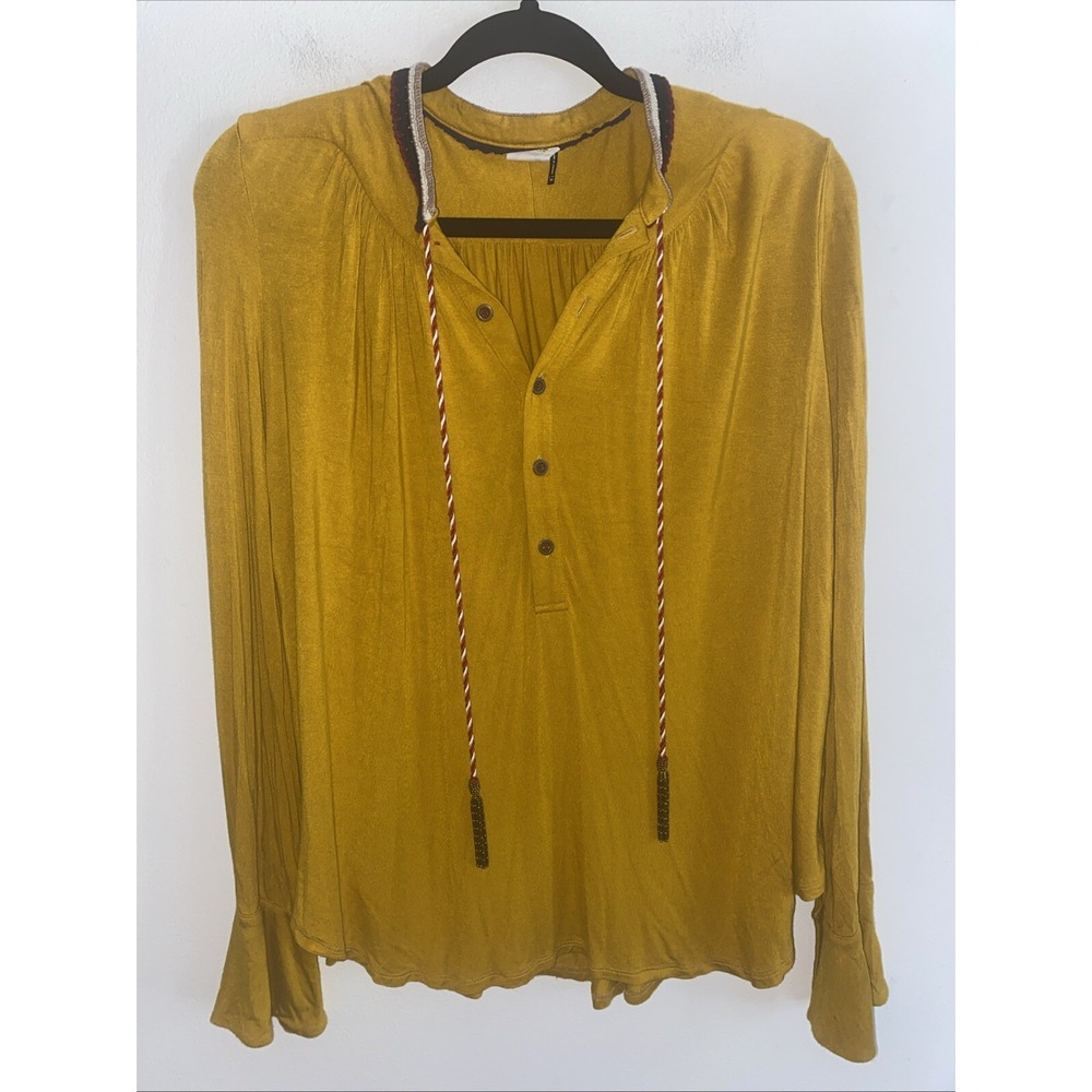 Anthropologie Akemi + Kin Blouse Mustard Yellow Tunic BeadedTassels Size XS